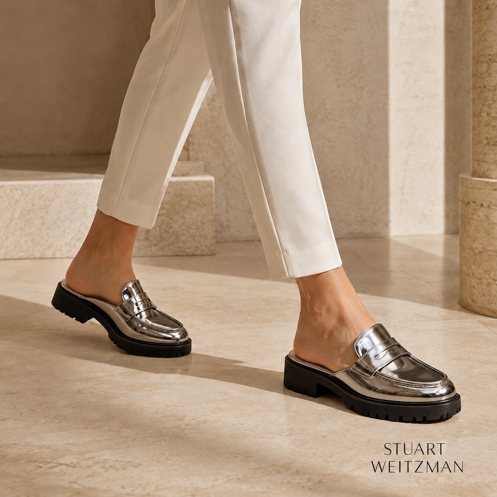 Stuart Weitzman Palmer Sleek Chill Metallic Silver Lug Sole Loafer Mules 9B